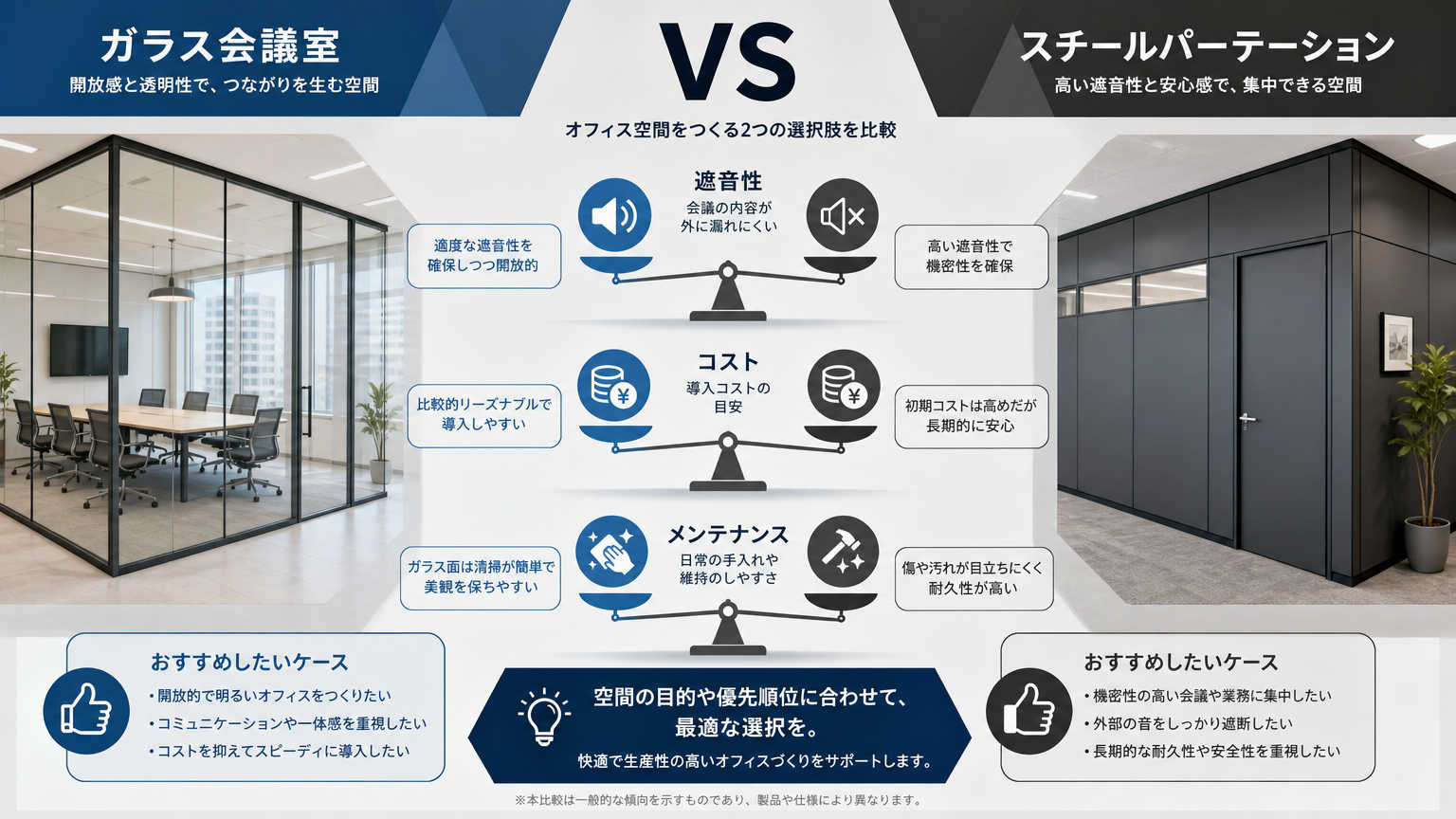 ガラス会議室とスチールパーテーションの比較